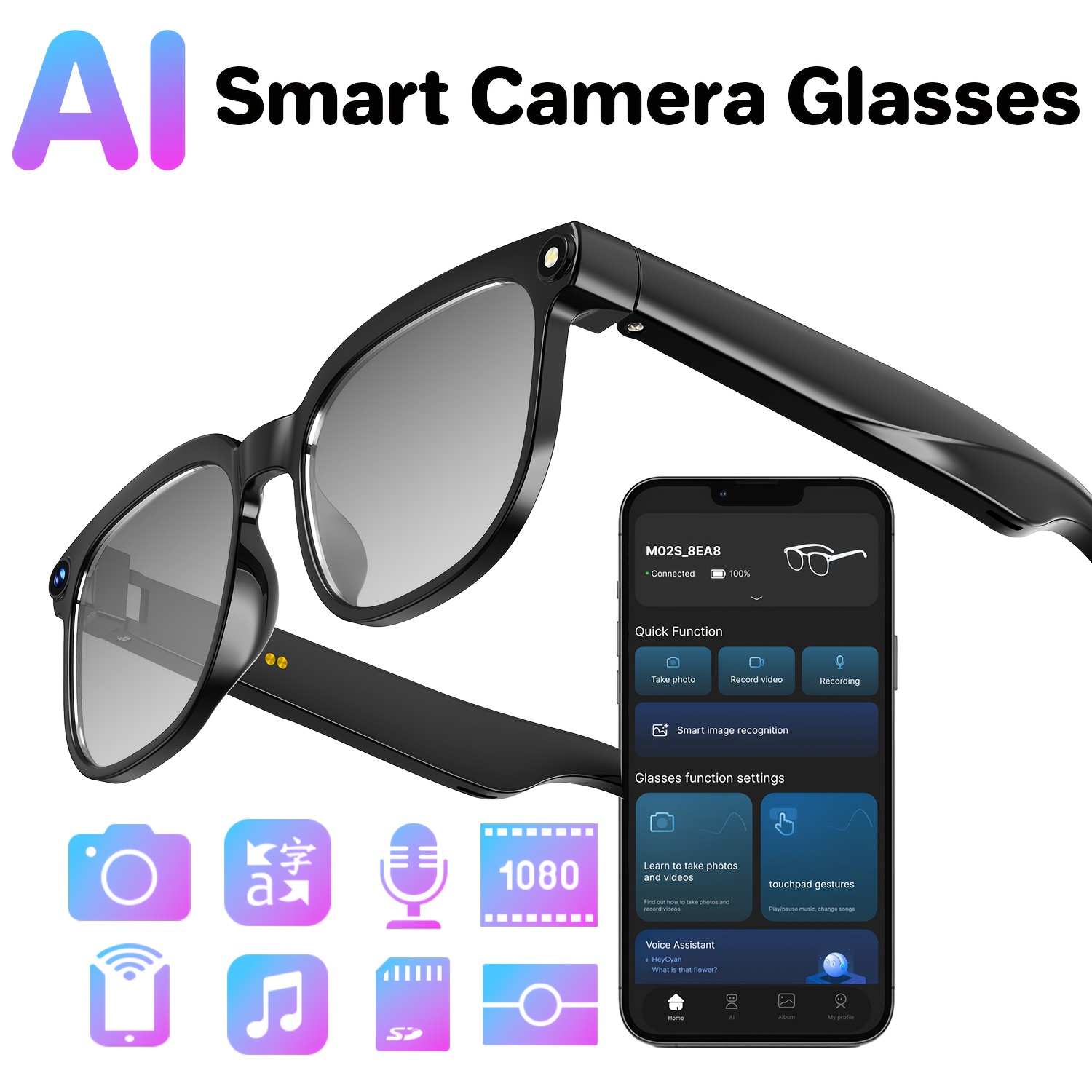Audio Music Recognition - スマートカメラグラス、8メガピクセルHDビデオ録画グラス（音声付き）、Bluetooth対応の感光性カラーチェンジレンズ、リアルタイム翻訳、音声アシスタント、物体認識、ハンズフリー音楽と通話機能。