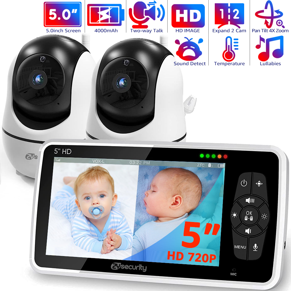 Audio Detect Music - 5インチビデオベビーモニター、カメラ2台、パンチルト、4Xズーム、双方向オーディオ、22時間バッテリー、自動ナイトビジョン、動音検出、VOX、1000フィート長距離Wi-Fiなし、温度、子守唄