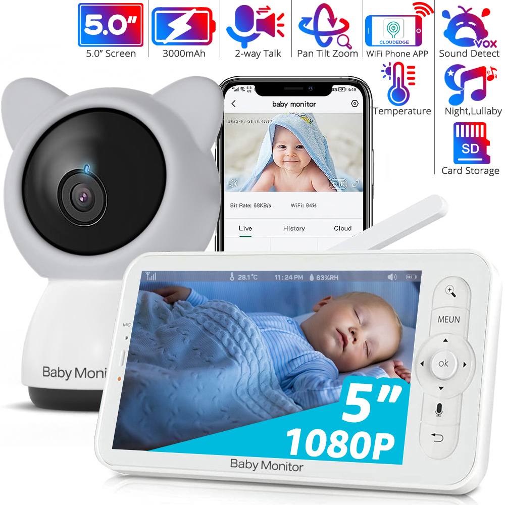 Audio Detect Music - APP付きWiFiベビーモニター、5インチ720Pディスプレイ、1080pカメラ、HDナイトビジョン、リモートパンチルトズーム、双方向トーク、無料スマートフォンアプリ、3000mAhバッテリー、1000フィート