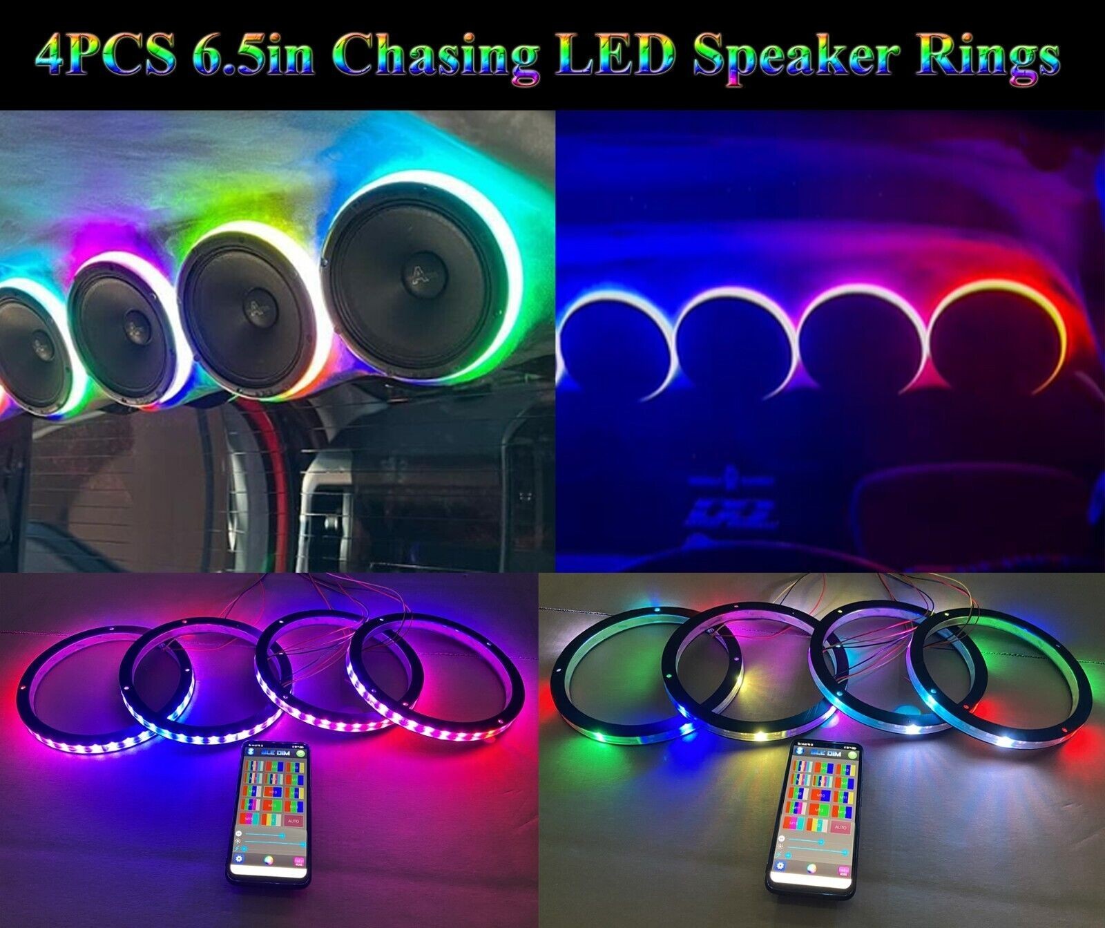 Audio Music Hub - 4個セット 車用カスタムオーディオ照明スピーカーリングライト 6.5インチ RGB＆ホワイトLEDスピーカーハローリング アプリ制御 音楽同期